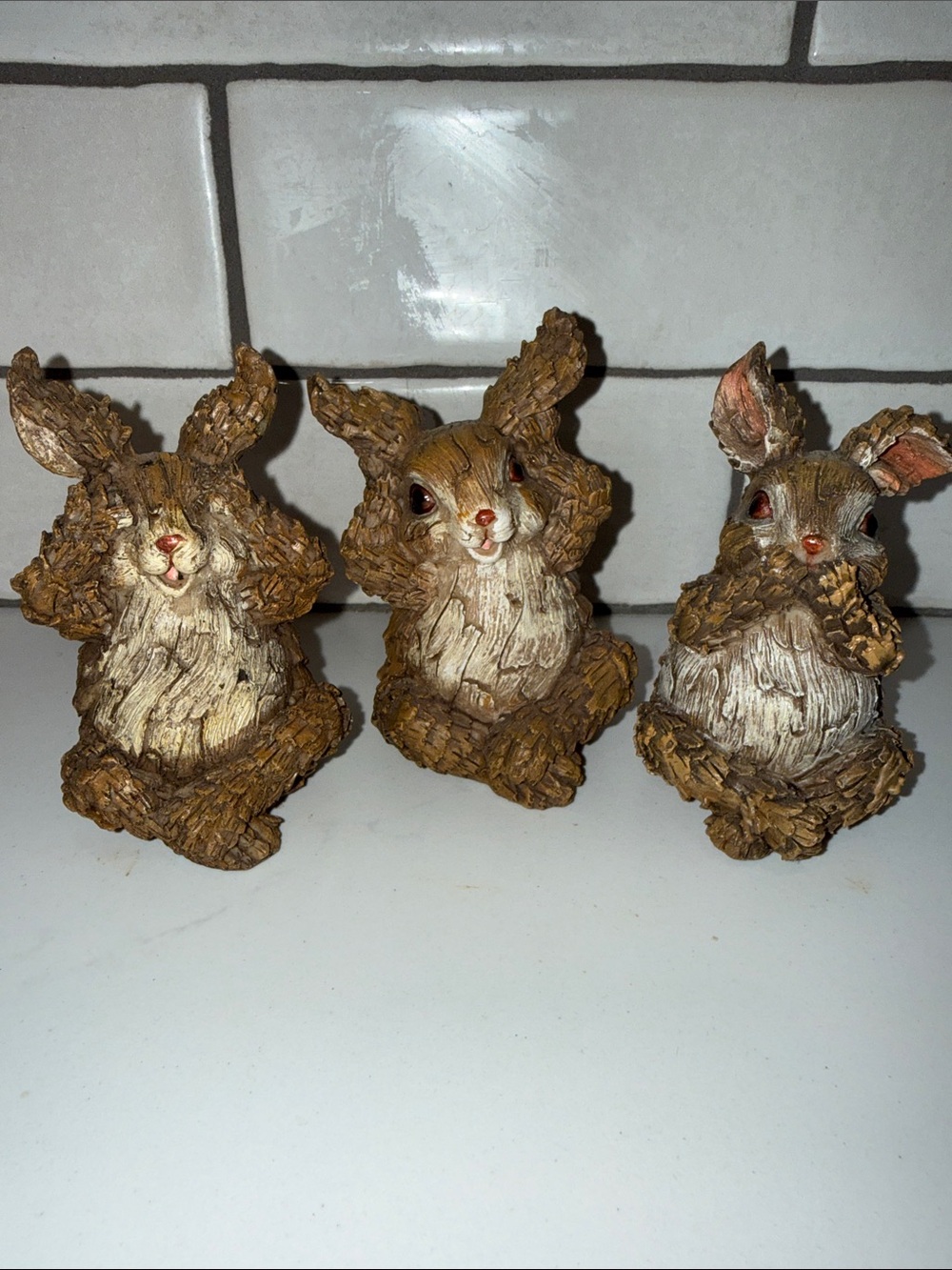 Rustic Resin Brown Bunny Figurine Trio - Driftwood Rabbit see, hear, speak